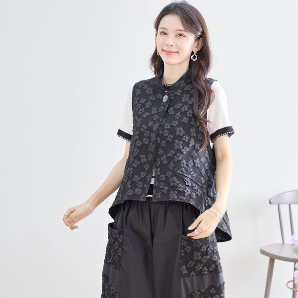 ワンボタン ジャカードベスト 花柄 立体モチーフ レイヤード 前後差ヘム フレア