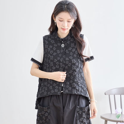 ワンボタン ジャカードベスト 花柄 立体モチーフ レイヤード 前後差ヘム フレア