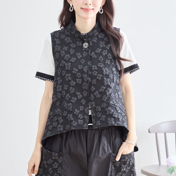 ワンボタン ジャカードベスト 花柄 立体モチーフ レイヤード 前後差ヘム フレア