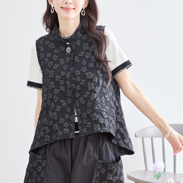 ワンボタン ジャカードベスト 花柄 立体モチーフ レイヤード 前後差ヘム フレア