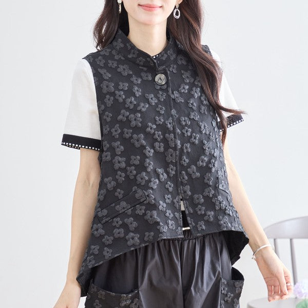 ワンボタン ジャカードベスト 花柄 立体モチーフ レイヤード 前後差ヘム フレア