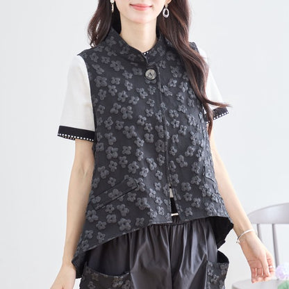 ワンボタン ジャカードベスト 花柄 立体モチーフ レイヤード 前後差ヘム フレア