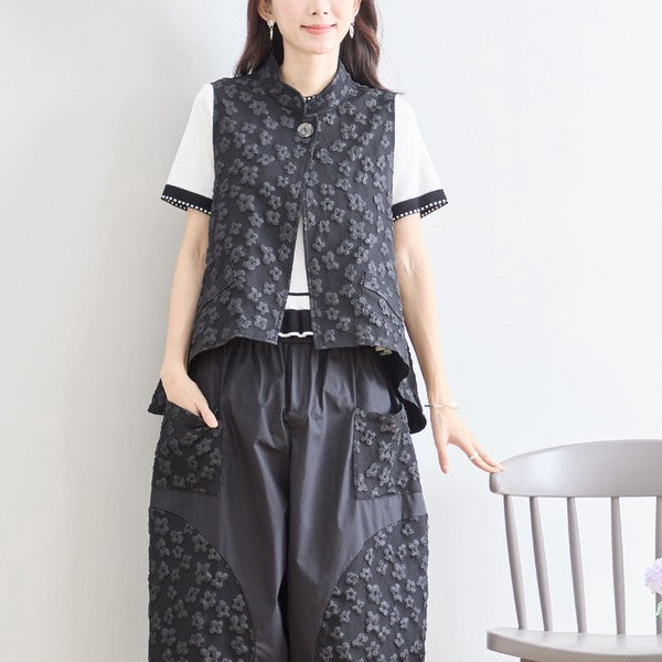 ワンボタン ジャカードベスト 花柄 立体モチーフ レイヤード 前後差ヘム フレア