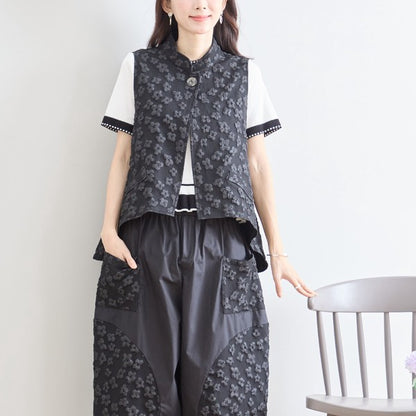 ワンボタン ジャカードベスト 花柄 立体モチーフ レイヤード 前後差ヘム フレア