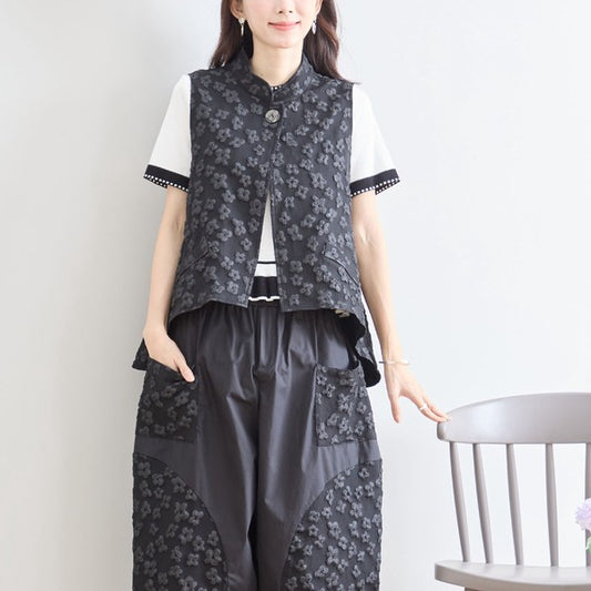 ワンボタン ジャカードベスト 花柄 立体モチーフ レイヤード 前後差ヘム フレア