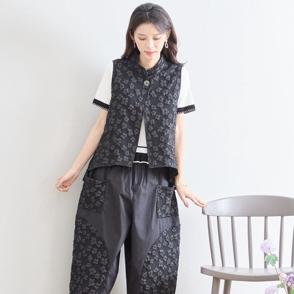 ワンボタン ジャカードベスト 花柄 立体モチーフ レイヤード 前後差ヘム フレア