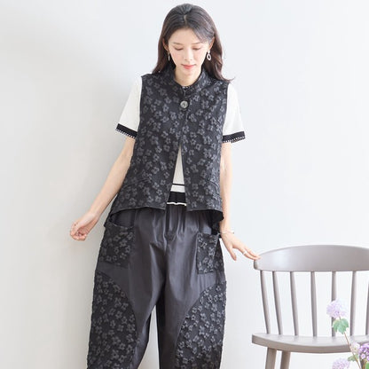 ワンボタン ジャカードベスト 花柄 立体モチーフ レイヤード 前後差ヘム フレア