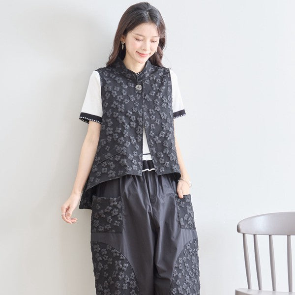 ワンボタン ジャカードベスト 花柄 立体モチーフ レイヤード 前後差ヘム フレア