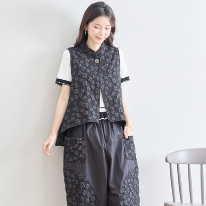 ワンボタン ジャカードベスト 花柄 立体モチーフ レイヤード 前後差ヘム フレア