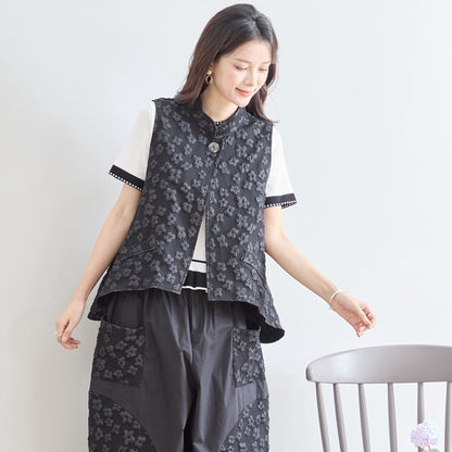 ワンボタン ジャカードベスト 花柄 立体モチーフ レイヤード 前後差ヘム フレア