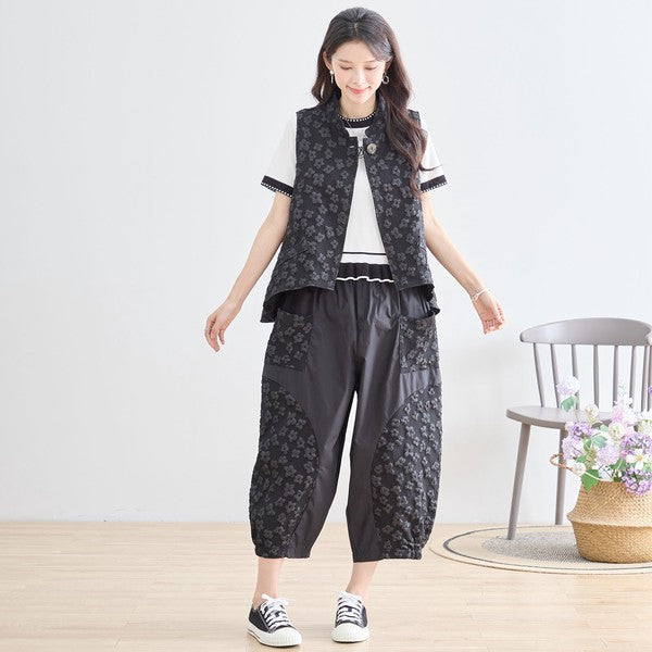 ワンボタン ジャカードベスト 花柄 立体モチーフ レイヤード 前後差ヘム フレア