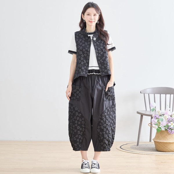 ワンボタン ジャカードベスト 花柄 立体モチーフ レイヤード 前後差ヘム フレア