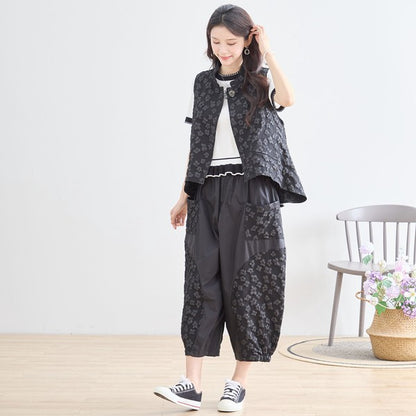 ワンボタン ジャカードベスト 花柄 立体モチーフ レイヤード 前後差ヘム フレア