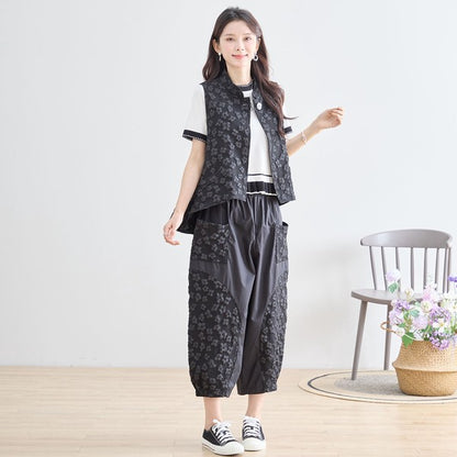 ワンボタン ジャカードベスト 花柄 立体モチーフ レイヤード 前後差ヘム フレア