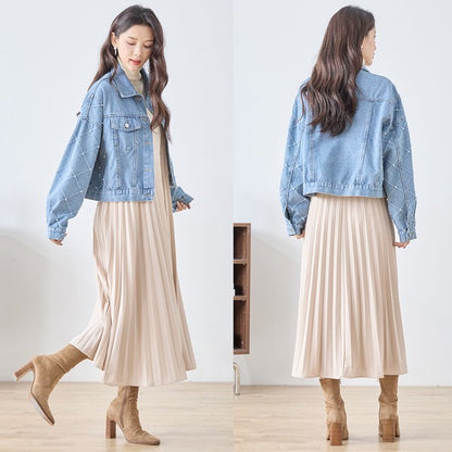 【M〜L】袖パール使いデニムジャケット｜TRUBE