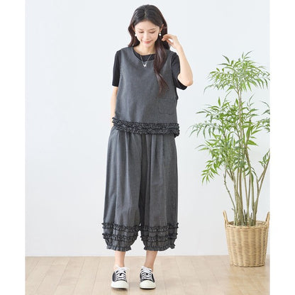 シャーリングフリル ノースリーブトップス ストライプ レイヤード 重ね着 セットアップ対応