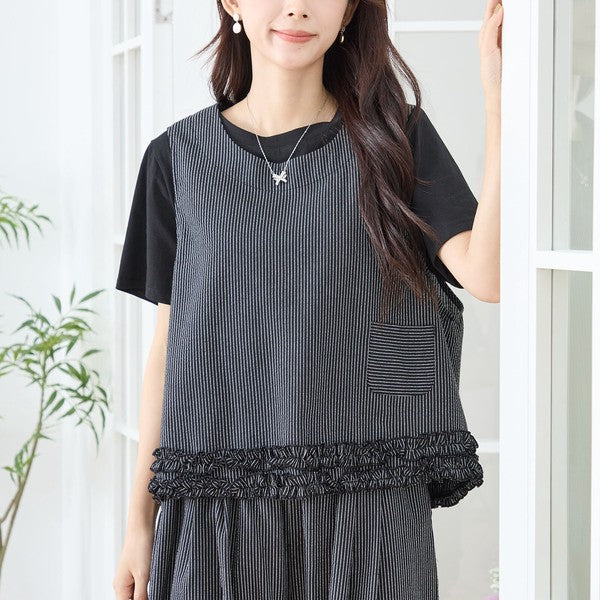 シャーリングフリル ノースリーブトップス ストライプ レイヤード 重ね着 セットアップ対応