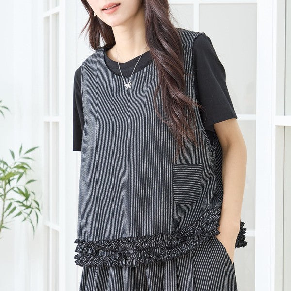 シャーリングフリル ノースリーブトップス ストライプ レイヤード 重ね着 セットアップ対応