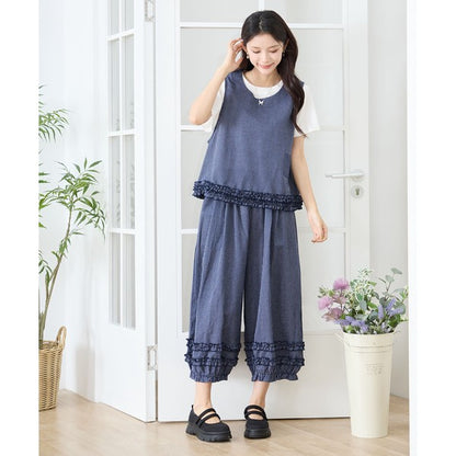 シャーリングフリル ノースリーブトップス ストライプ レイヤード 重ね着 セットアップ対応