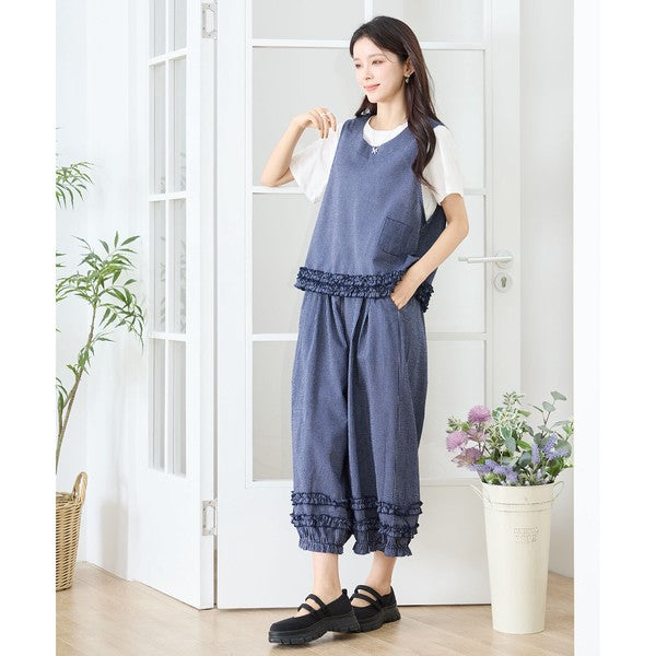 シャーリングフリル ノースリーブトップス ストライプ レイヤード 重ね着 セットアップ対応