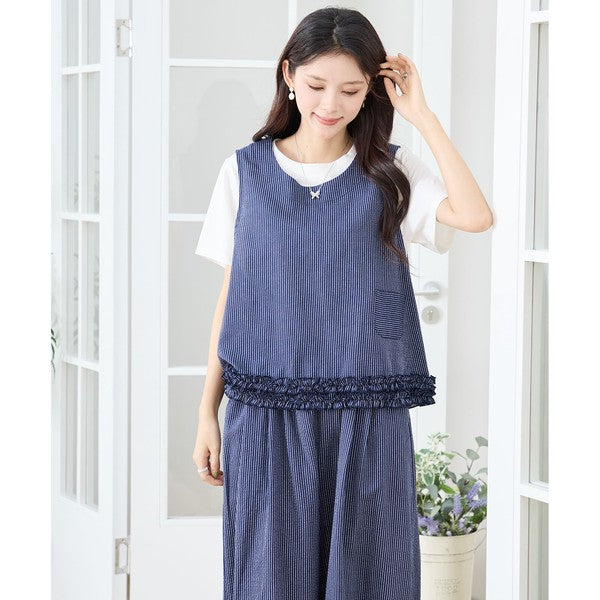 シャーリングフリル ノースリーブトップス ストライプ レイヤード 重ね着 セットアップ対応