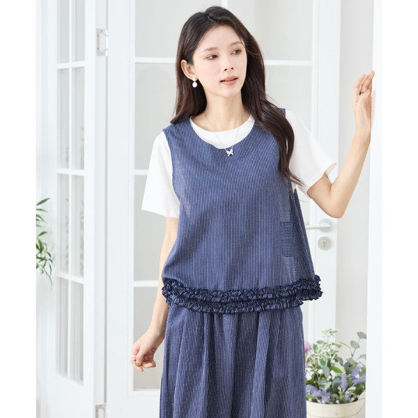 シャーリングフリル ノースリーブトップス ストライプ レイヤード 重ね着 セットアップ対応