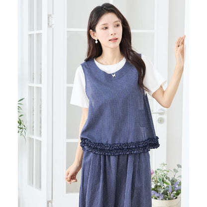 シャーリングフリル ノースリーブトップス ストライプ レイヤード 重ね着 セットアップ対応