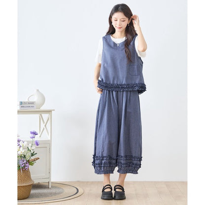 シャーリングフリル ノースリーブトップス ストライプ レイヤード 重ね着 セットアップ対応