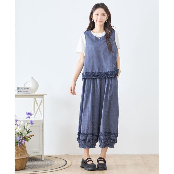 シャーリングフリル ノースリーブトップス ストライプ レイヤード 重ね着 セットアップ対応