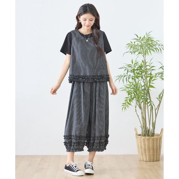 シャーリングフリル ノースリーブトップス ストライプ レイヤード 重ね着 セットアップ対応