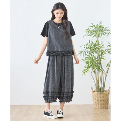 シャーリングフリル ノースリーブトップス ストライプ レイヤード 重ね着 セットアップ対応