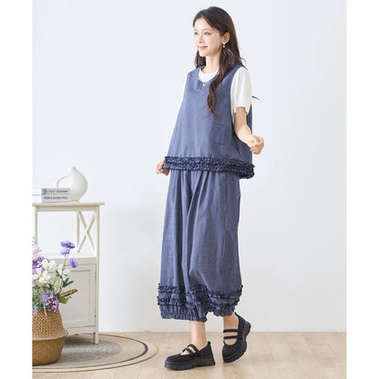 シャーリングフリル ノースリーブトップス ストライプ レイヤード 重ね着 セットアップ対応