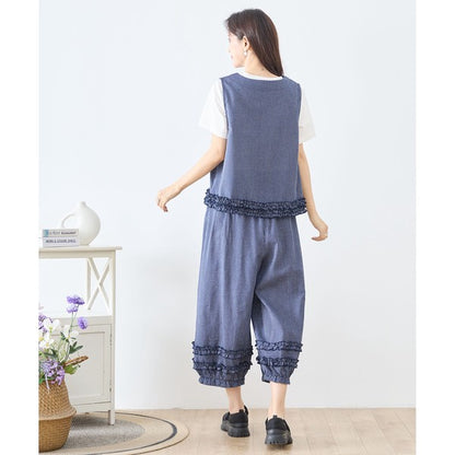 シャーリングフリル ノースリーブトップス ストライプ レイヤード 重ね着 セットアップ対応