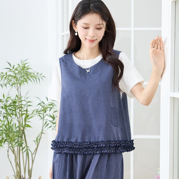 シャーリングフリル ノースリーブトップス ストライプ レイヤード 重ね着 セットアップ対応