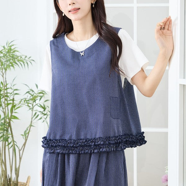 シャーリングフリル ノースリーブトップス ストライプ レイヤード 重ね着 セットアップ対応