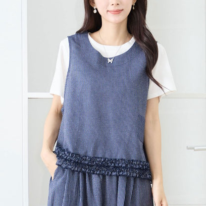 シャーリングフリル ノースリーブトップス ストライプ レイヤード 重ね着 セットアップ対応