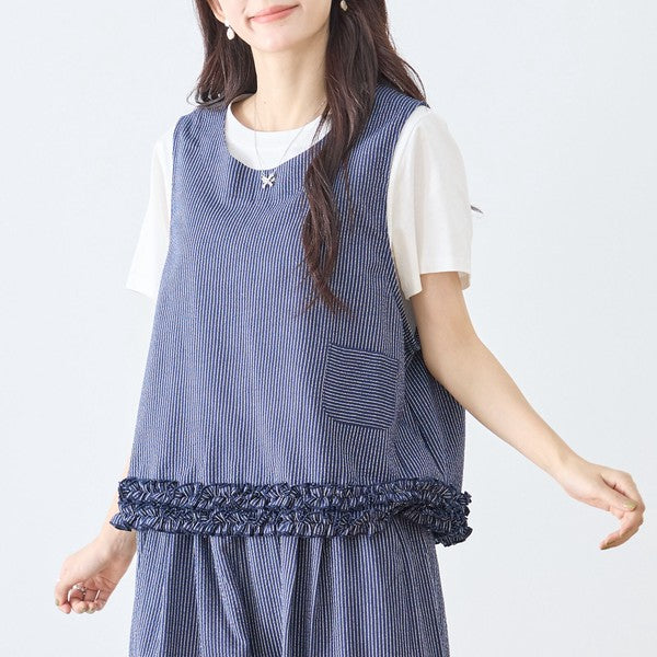 シャーリングフリル ノースリーブトップス ストライプ レイヤード 重ね着 セットアップ対応