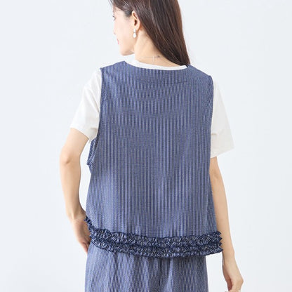シャーリングフリル ノースリーブトップス ストライプ レイヤード 重ね着 セットアップ対応
