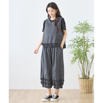 シャーリングフリル ノースリーブトップス ストライプ レイヤード 重ね着 セットアップ対応