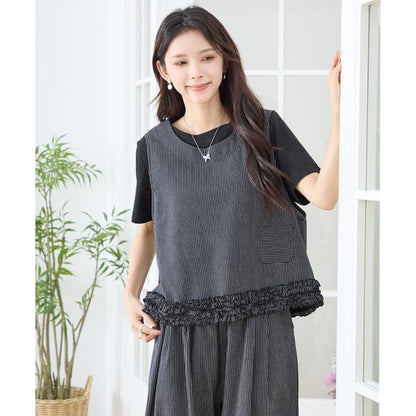 シャーリングフリル ノースリーブトップス ストライプ レイヤード 重ね着 セットアップ対応