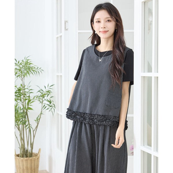 シャーリングフリル ノースリーブトップス ストライプ レイヤード 重ね着 セットアップ対応