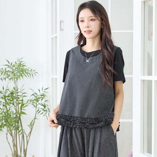 シャーリングフリル ノースリーブトップス ストライプ レイヤード 重ね着 セットアップ対応