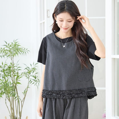 シャーリングフリル ノースリーブトップス ストライプ レイヤード 重ね着 セットアップ対応