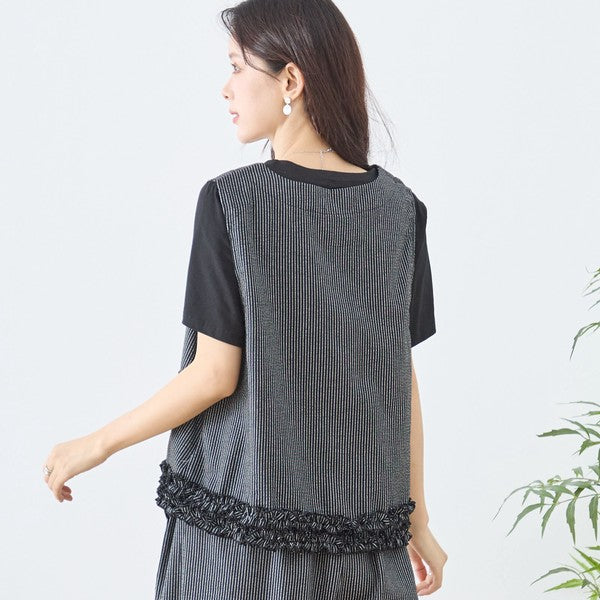 シャーリングフリル ノースリーブトップス ストライプ レイヤード 重ね着 セットアップ対応