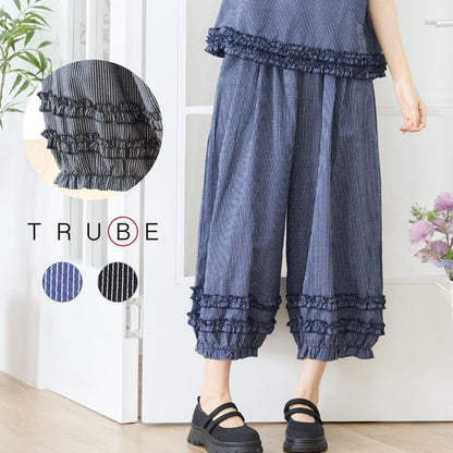 シャーリングフリル ストライプ バルーンパンツ ウエストゴム セットアップ対応 裾フリル