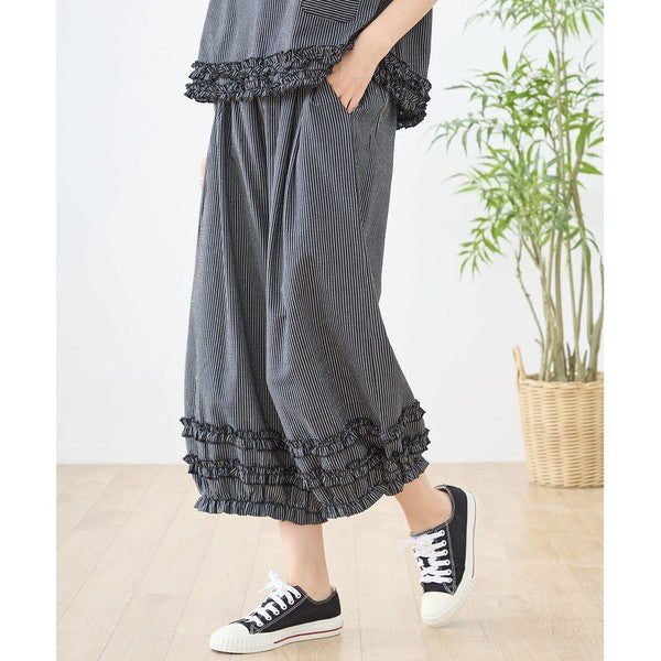 シャーリングフリル ストライプ バルーンパンツ ウエストゴム セットアップ対応 裾フリル