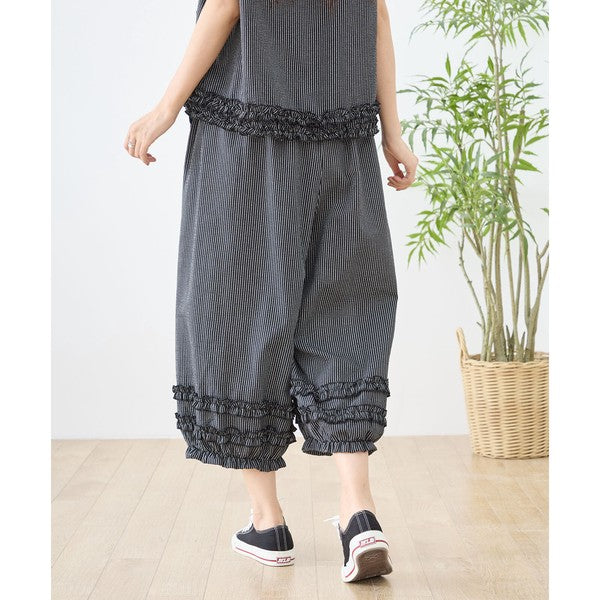 シャーリングフリル ストライプ バルーンパンツ ウエストゴム セットアップ対応 裾フリル