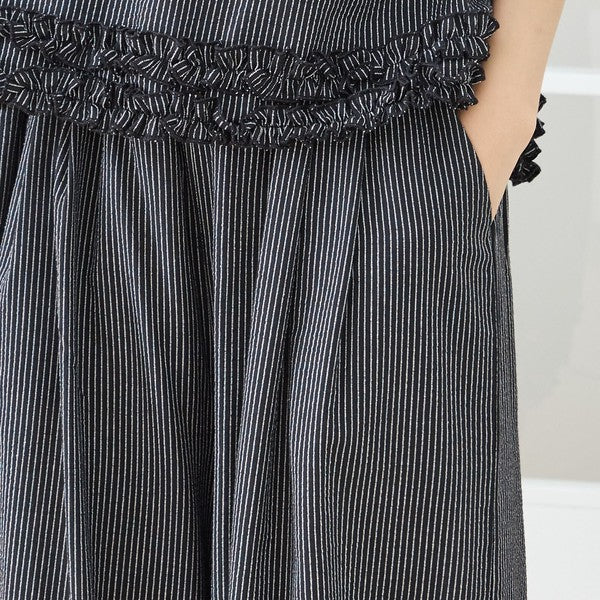 シャーリングフリル ストライプ バルーンパンツ ウエストゴム セットアップ対応 裾フリル