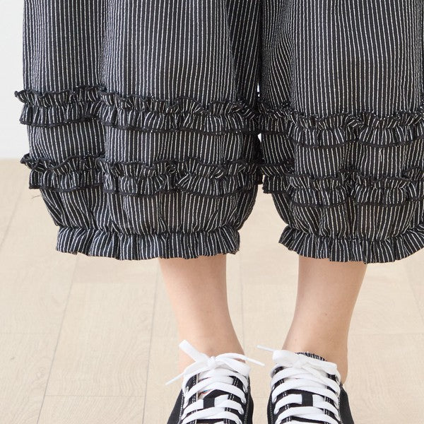 シャーリングフリル ストライプ バルーンパンツ ウエストゴム セットアップ対応 裾フリル