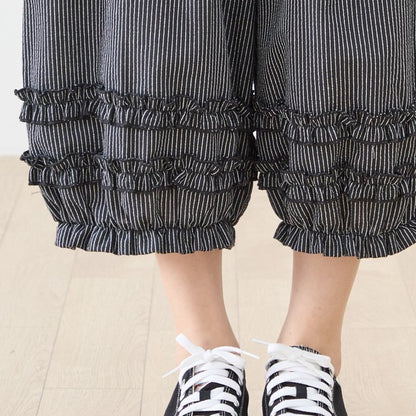 シャーリングフリル ストライプ バルーンパンツ ウエストゴム セットアップ対応 裾フリル
